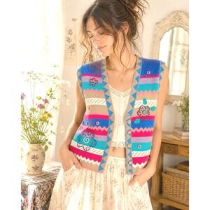 Koret Francisca Colorful Knit Vest Embroidered Boho Cottagecore XL Vintage Style